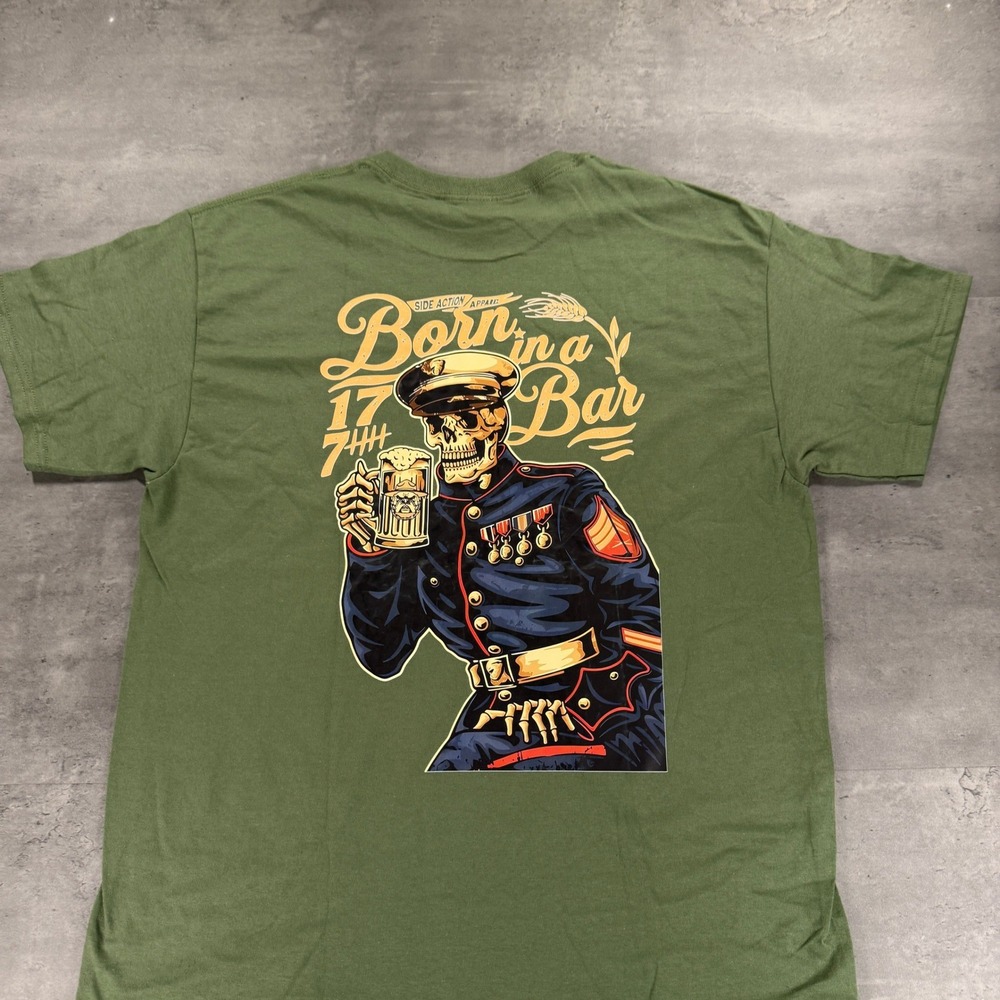 USMC T-Shirt Mens Large Beer Bar 1775 Green Marine Corps Graphic NWOT Gildan